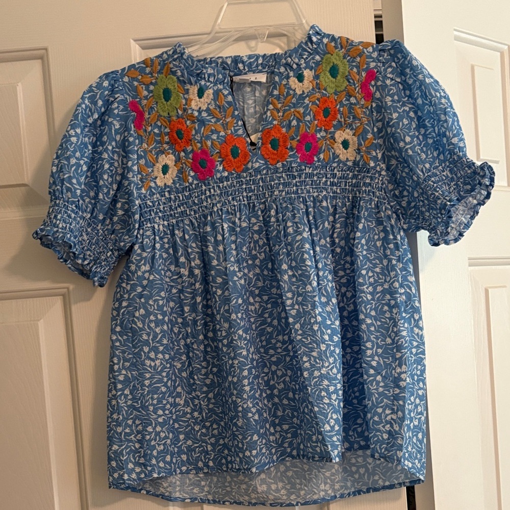 Blue Floral Embroidered Top
